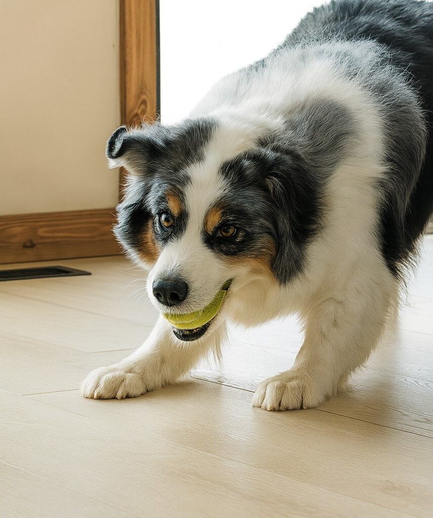 Dog playing on durable Canopy vinyl plank flooring in a home