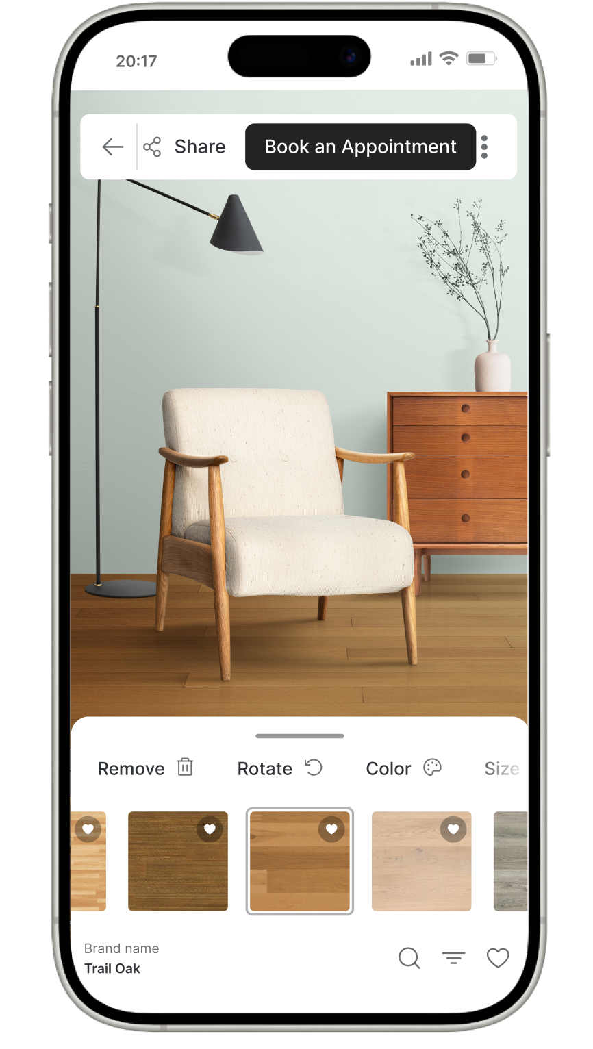 Flooring room visualizer displayed on a smartphone screen