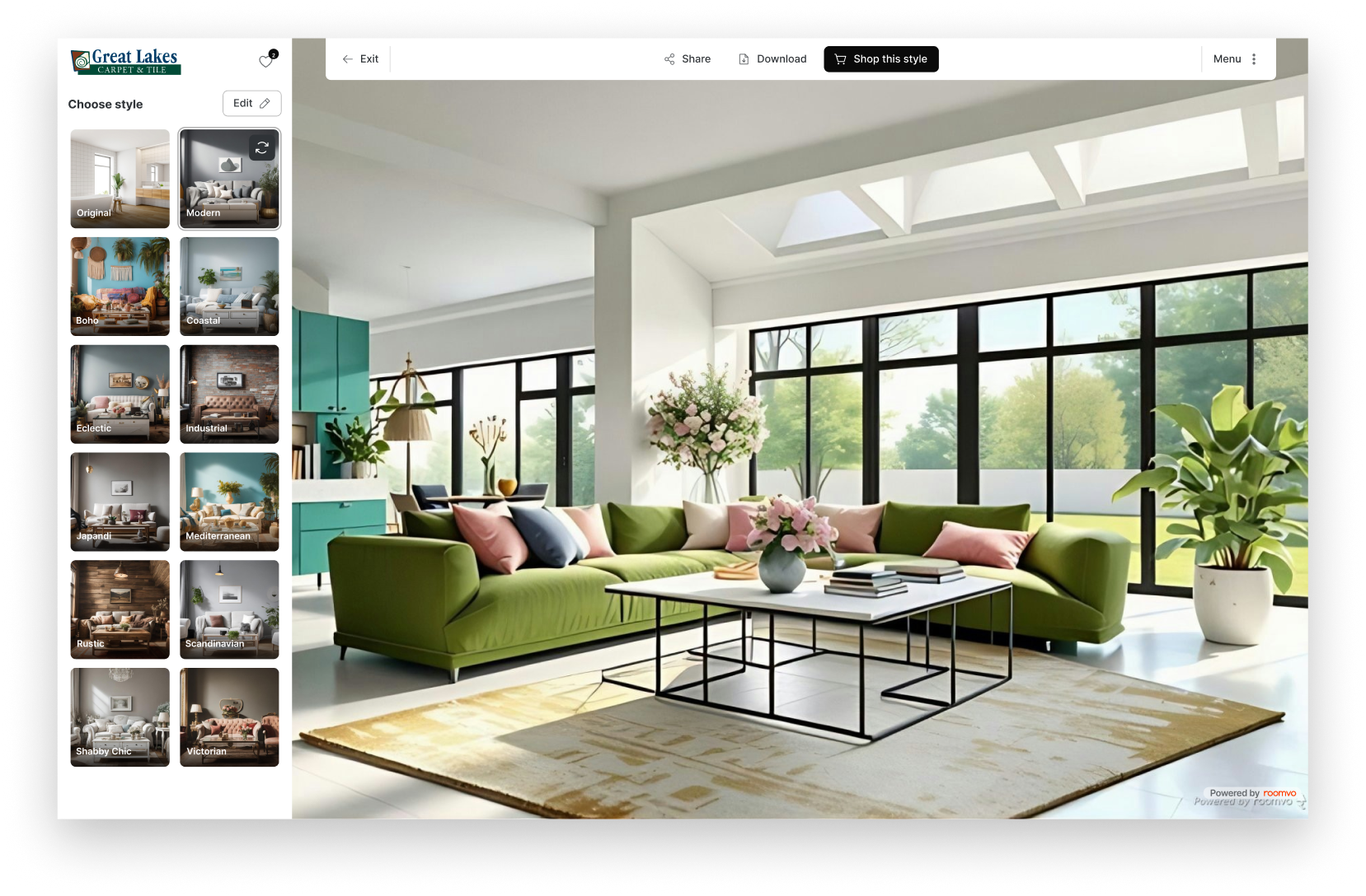 Room restyled in a new design using the Roomvo Inspire visualizer