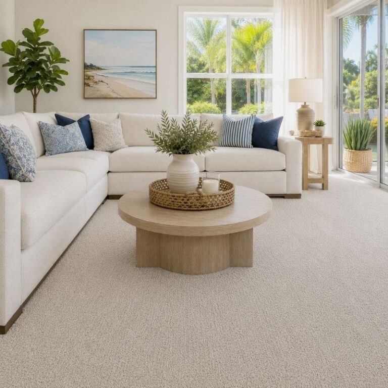 off white carpet in a neutral bright living room