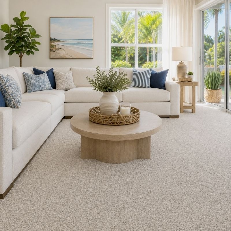 off white carpet in a neutral bright living room
