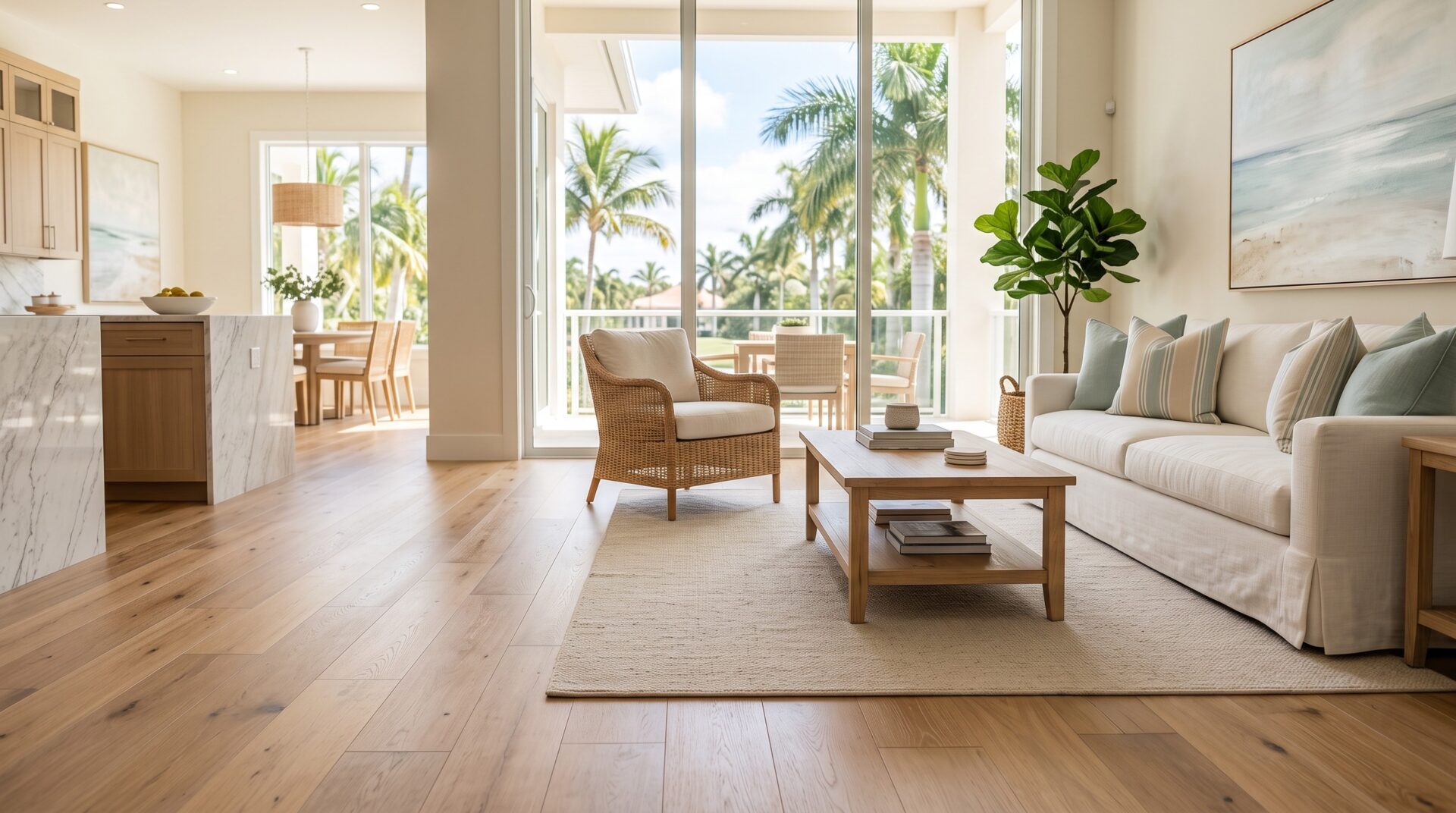 Engineered hardwood flooring in Naples FL coastal contemporary living room Hadinger Flooring