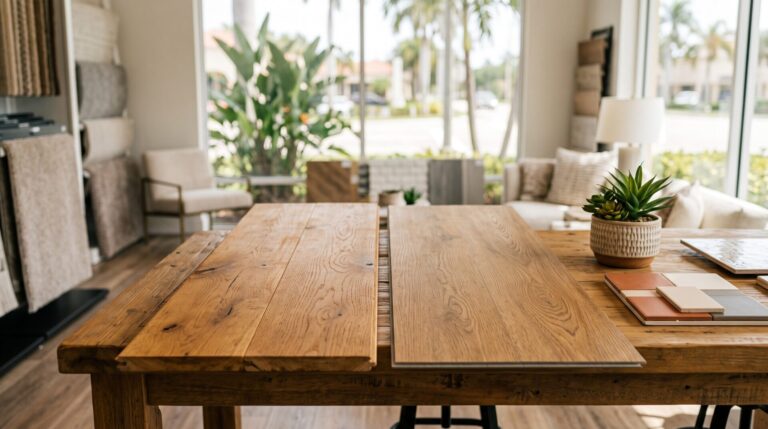 Engineered hardwood vs luxury vinyl plank samples at Hadinger Flooring showroom Naples FL