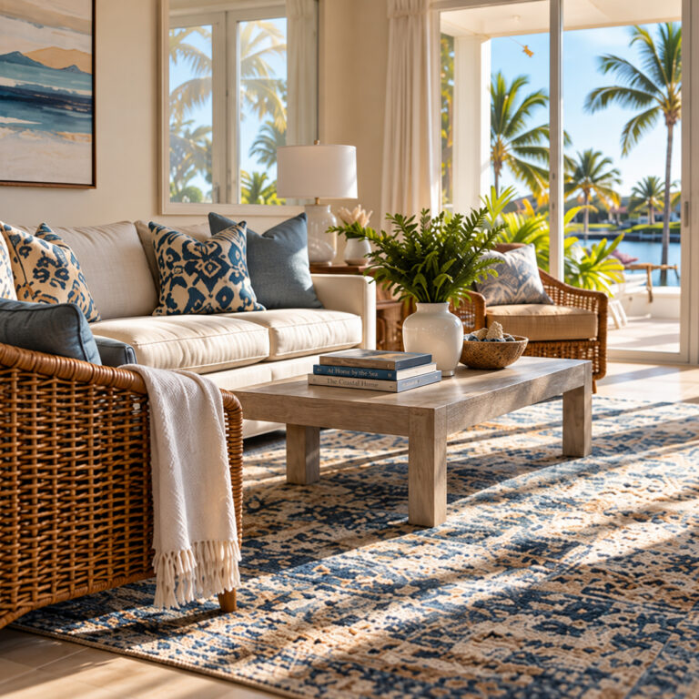 Blue and cream patterned area rug in a sunlit Naples living room with sliding doors open to palm trees and the water