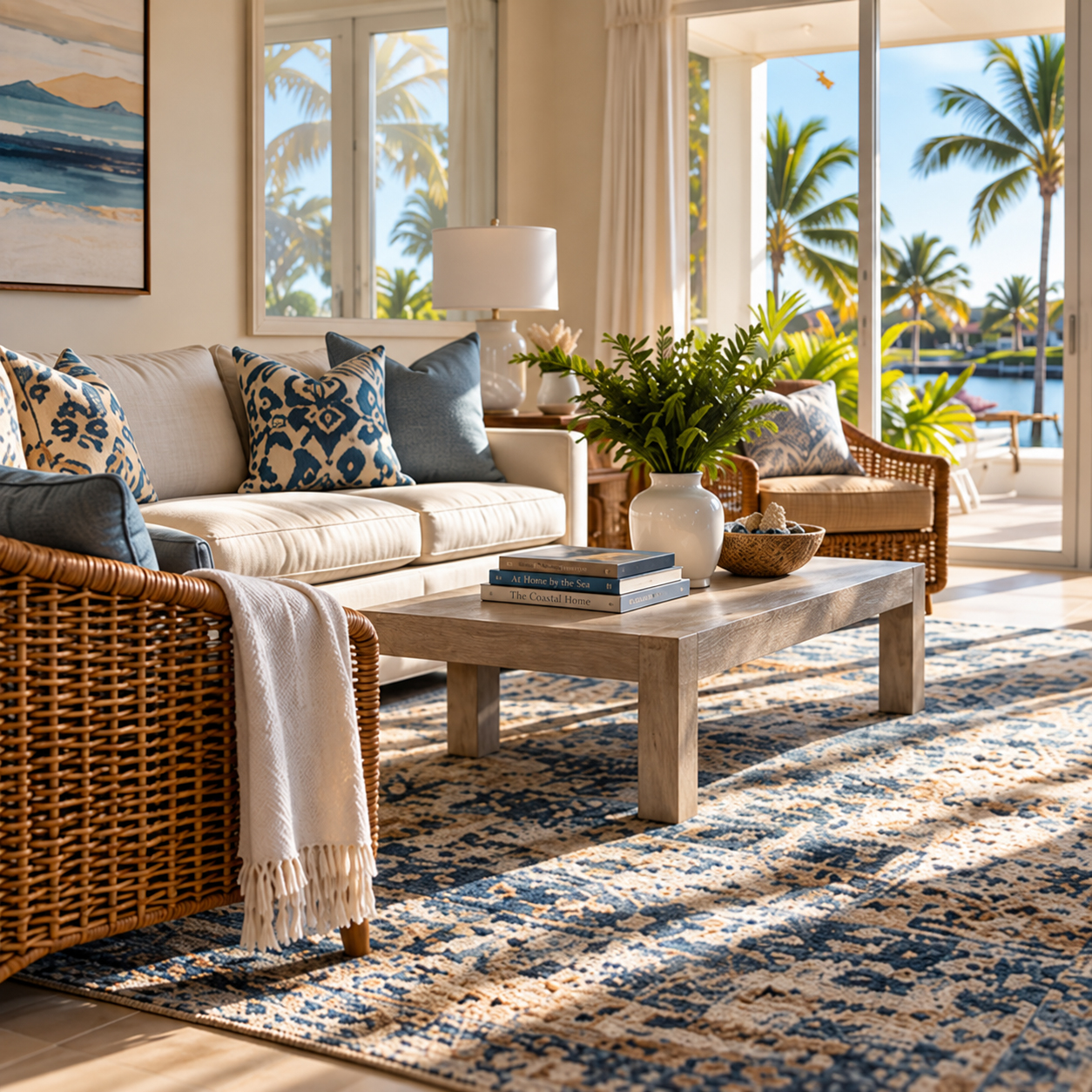Blue and cream patterned area rug in a sunlit Naples living room with sliding doors open to palm trees and the water