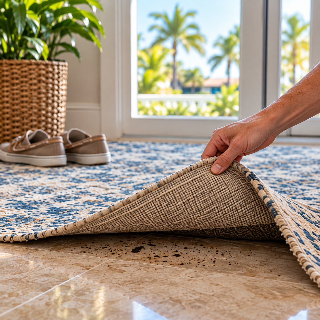 Hand lifting the corner of an area rug near a sliding glass door to reveal sand and debris trapped underneath