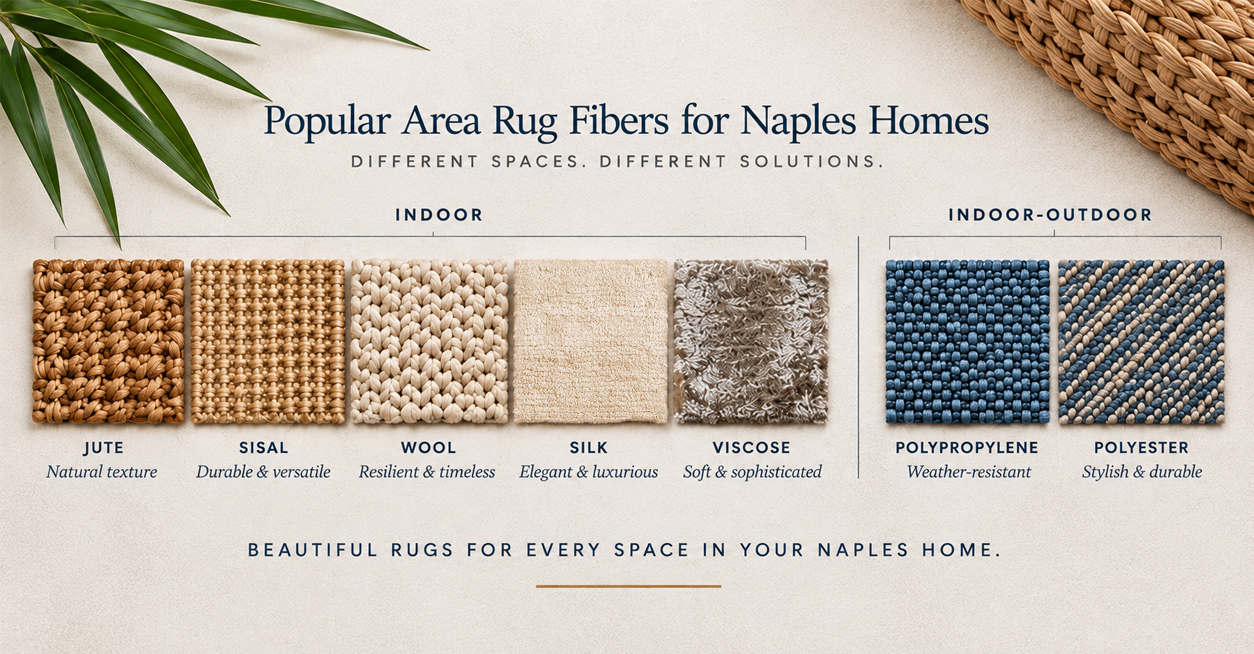 Chart of popular area rug fibers for Naples homes: jute, sisal, wool, silk, and viscose for indoor spaces; polypropylene and polyester for indoor-outdoor use