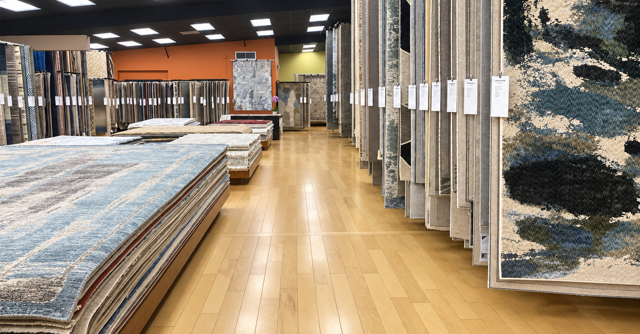 Area rugs displayed on racks and stacked on the floor inside the Hadinger Flooring showroom in Naples