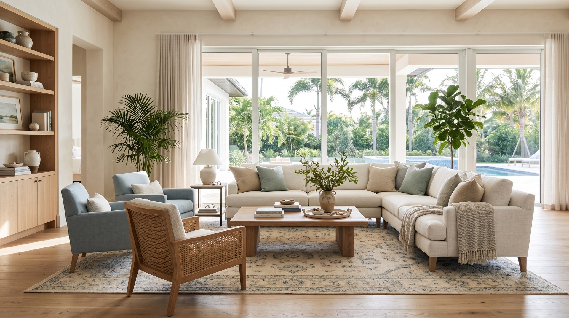 Properly sized area rug anchoring open floor plan living room in Naples FL coastal home Hadinger Flooring