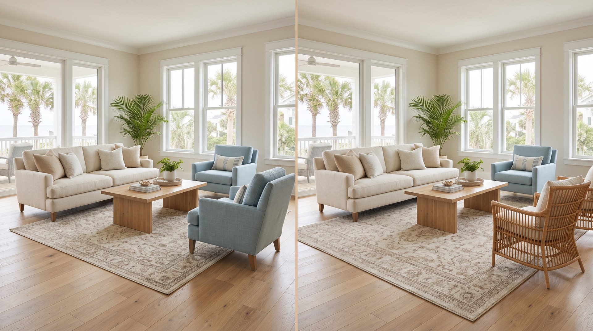 Area rug placement diagram front legs on vs all legs on Naples FL home Hadinger Flooring